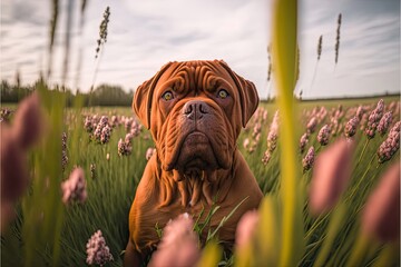 Dogue de Bordeaux dog in Flower Field - obrazy, fototapety, plakaty