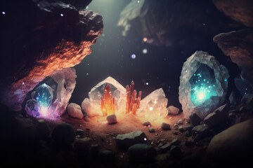 Fototapeta na wymiar Colorful cave crystals, mystic gemstone, witchcraft wallpaper AI Generated