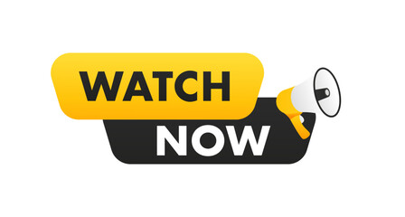 Watch now vector button in flat style. For website, media player, megaphone, banner and app. Play video. Web media. Online translation. Vector illustration