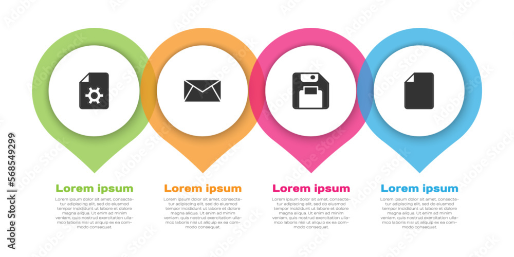 Poster set document settings, mail and e-mail, floppy disk and file document. business infographic template