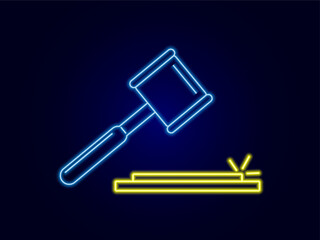 Law and Justice neon icon. Auction hammer icon. Concept of Crime Investigation. Hammer of judge or auctioneer. blue and yellow neon vector