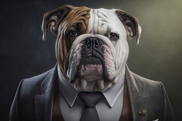 Portrait of a Bulldog Dressed in a Formal Business Suit, The Elegant Boss Bulldog, Generative Ai