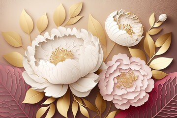 Abstract flower paper cut background. Beautiful delicate pastel peonies. AI