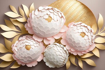 Abstract flower paper cut background. Beautiful delicate pastel peonies. AI