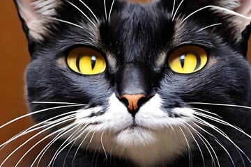 Close up portrait of black and white cat with yellow eyes. Generative AI.
