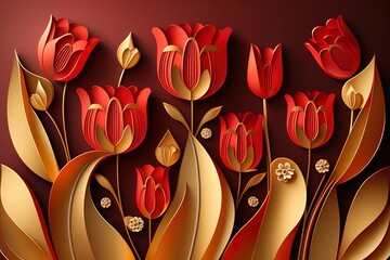Abstract flower paper cut background. Beautiful gentle pastel spring tulips. AI