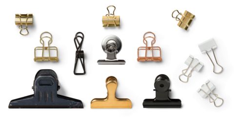set of various paper clips isolated over a transparent background, office desk stationery, golden, silver, black, white, and rose gold design elements for attachments to your layouts or moodboards