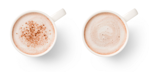 two white mugs with hot chocolate, with and without chocolate powder, isolated over a transparent background, hot drink / beverage design element, flat lay / top view