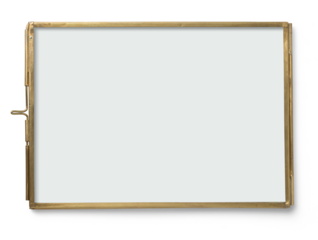 contemporary brass frame with glass on both sides for photos, flat objects like pressed flowers or other memories, isolated over a transparent background, great as design element for wedding flatlays