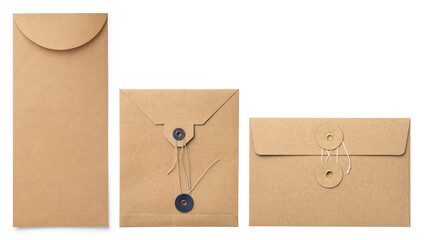 set of three different brown kraft / craft paper envelopes, with and without thread / string...