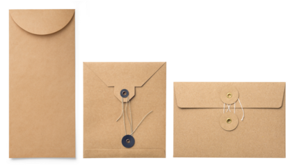 set of three different brown kraft / craft paper envelopes, with and without thread / string closure, isolated over a transparent background, postage, message, packaging or letter design elements