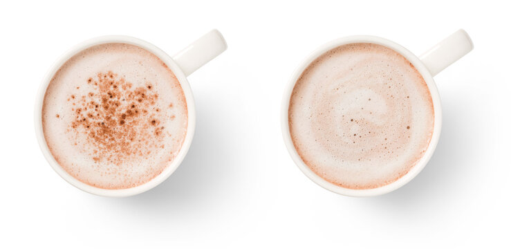 two white mugs with hot chocolate, with and without chocolate powder, isolated over a transparent background, hot drink / beverage design element, flat lay / top view
