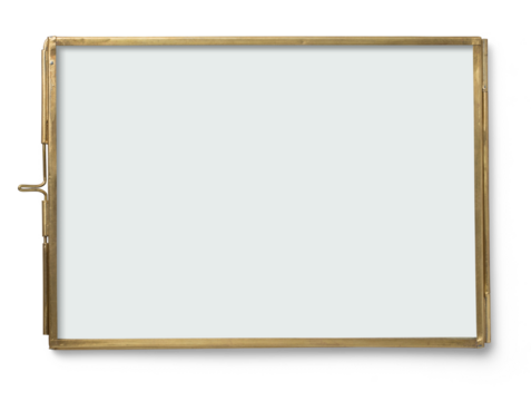 contemporary brass frame with glass on both sides for photos, flat objects like pressed flowers or other memories, isolated over a transparent background, great as design element for wedding flatlays