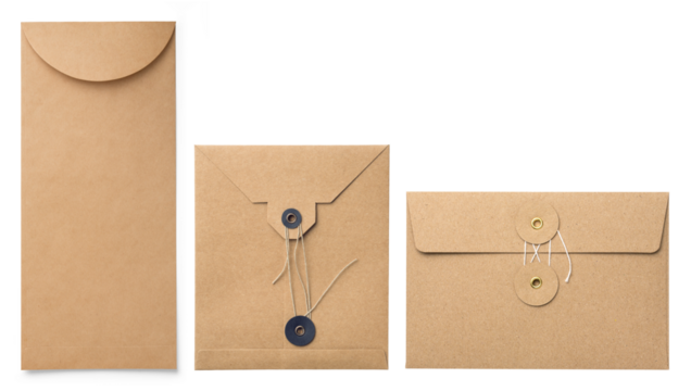 set of three different brown kraft / craft paper envelopes, with and without thread / string closure, isolated over a transparent background, postage, message, packaging or letter design elements