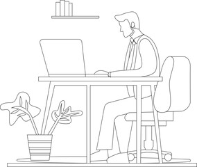 man working in office on laptop flat corporate outline