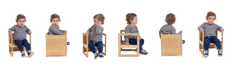 line of various poses of a same baby boy sitting on chair  on white background