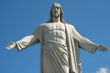 The Messiah, Jesus Christ Statue in blue background, Illustration Graphic Design with Generative AI.