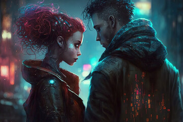 Cyberpunk Character Art, Couple in Cyberpunk City, Man and Woman in Cyberpunk City, 3D Render, Print, Illustration, Futuristic, Sci Fi Characters, Science Fiction, Video Game Characters, Lovers, AI