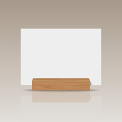 Vector 3d Realistic White Horizontal Empty Blank Paper Sheet, Card on Wooden Holder, Stand Icon Closeup. Design Template for Mockup, Menu Frame, Booklets. Acrylic Tent Card. Front, Side View