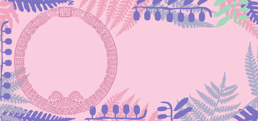 Frame with the image of the Mayan calendar and fern leaves on a pink background