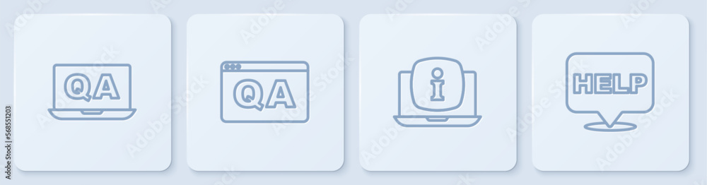 Aufkleber set line question and answer, laptop with information, and speech bubble text help. white square but