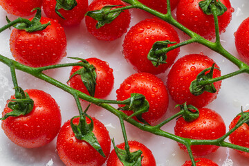 Cherry tomatoes sprayed with water. A cluster of tomato fruits. Food background
