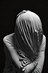 Obraz premium Woman Wrapped and Trapped in a Sheet. Black and White. Generative AI.