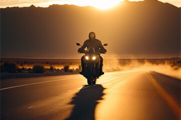 Early Morning Motorcycle Ride on the Highway. Generative AI.