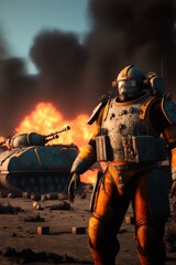 Fototapeta premium Cyborg in Rugged Power Armor During Future World War With Fire and Armored Vehicles. Generative AI.