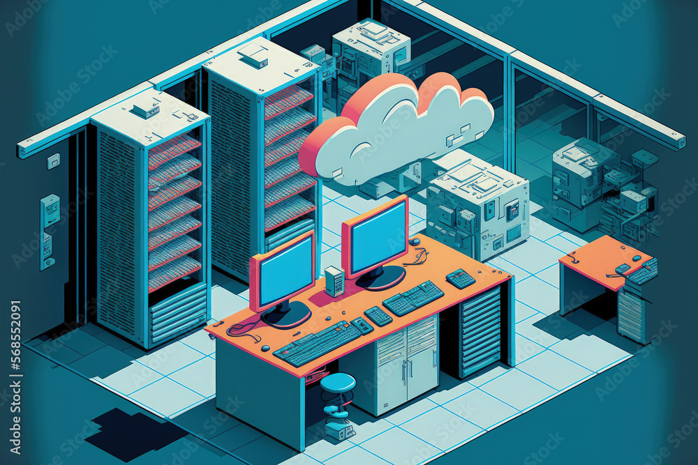Aufkleber high tech workstation computers, a cloud server, and a firewall are all installed in the data center