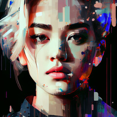 Abstract portrait of Asian woman with glitch effect illustration, Generative AI