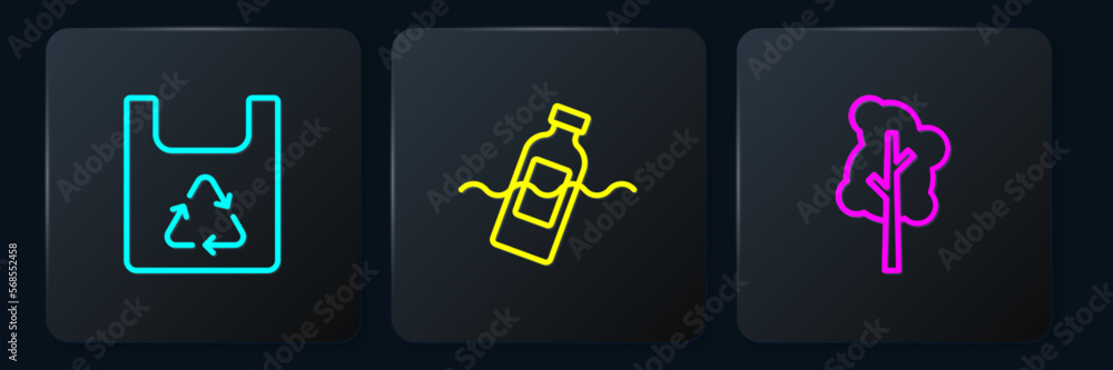 Poster set line shopping bag with recycle, tree and the problem of pollution. black square button. vector
