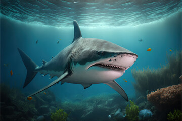 Fototapeta premium Sharks swimming underwater Generative AI