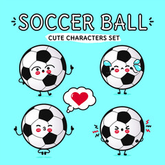 Funny cute happy Soccer ball characters bundle set. Vector hand drawn doodle style cartoon character illustration icon design. Isolated on blue background. Soccer ball mascot character collection