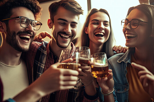 Cheers! Young friends celebrating with glasses raised, generative ai