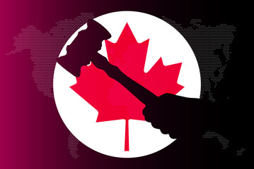 Canada flag with judge gavel, corruption concept, law or legal result, news banner