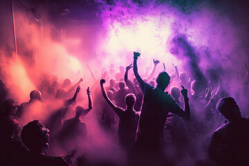 Fototapeta na wymiar Ecstatic partygoers dancing in a smoke-filled room, generative ai