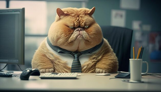 A fat cat is sitting at the office table in front of a computer. Sedentary lifestyle concept, generative ai