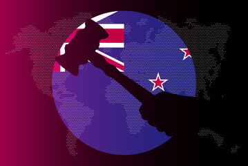 New Zealand flag with judge gavel, corruption concept, law or legal result, news banner