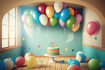 Surprise birthday party with balloons, streamers, and gift table, generative ai