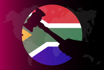 South Africa flag with judge gavel, corruption concept, law or legal result, news banner