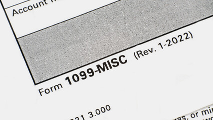 Lake Elsinore, CA, USA - January 5, 2023: Close up of lower left corner of Internal Revenue Service form 1099-MISC