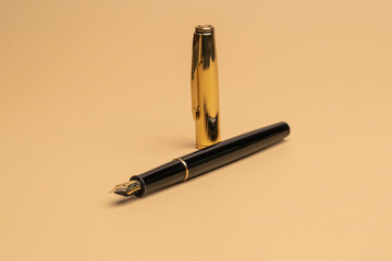 Beautiful fountain pen with gold trim still life on a wooden color palette, peach background....