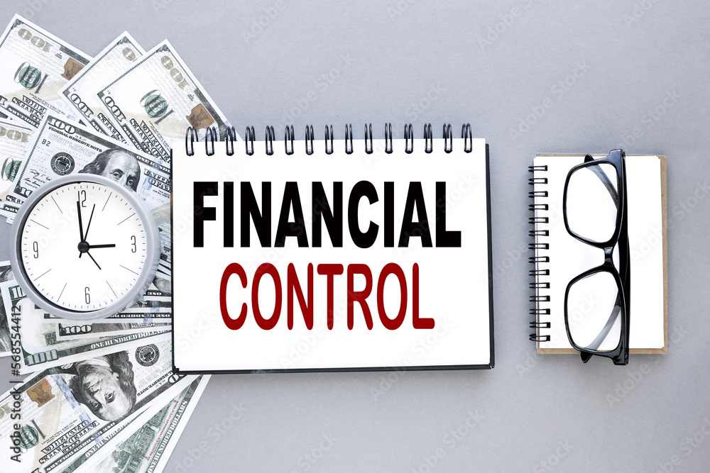 Poster financial control a lot of banknotes and a notepad with text