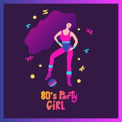 Beautiful fitness girl, aerobic exercise funky poster. Lifestyle 80s isolated colorful party drawing