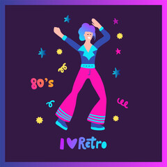 Cartoon colorful party boy, disco dancer man funky 80s poster. Love retro lifestyle drawing