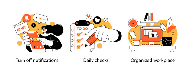 Fototapeta premium Remote Work Benefits, Limitations and Workflow Organization Concept illustrations. Collection of scenes with people organizing and improving their workflow. Visual stories
