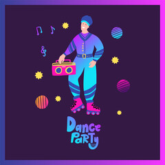 Cartoon colorful party boy, disco dancer man funky 80s poster. Love retro lifestyle drawing