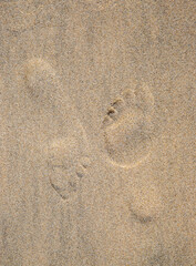 Fototapeta na wymiar A close-up of two human footprints in the sand