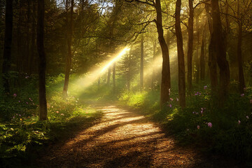 Obraz premium Beautiful rays of sunlight in a green forest, secret trail fairytale garden. Spring.